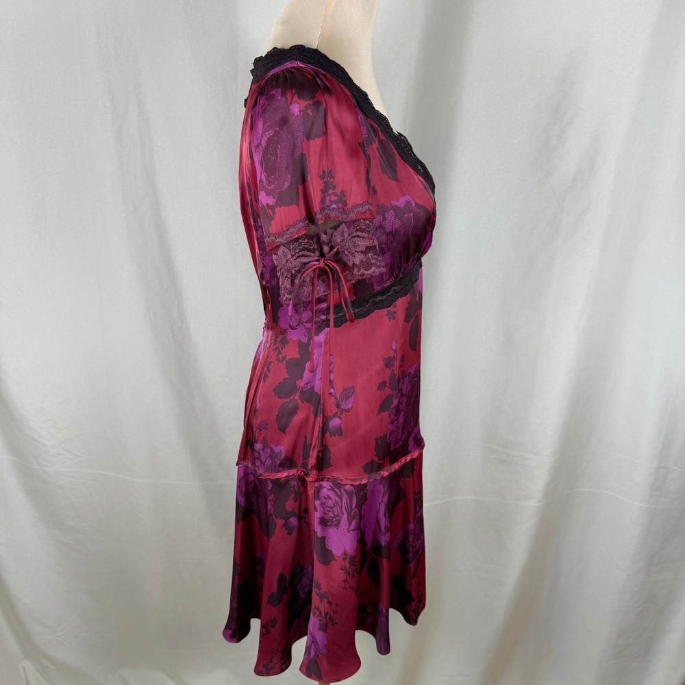 Free People Jos Printed Satin Mini Dress Berry Combo Drop Waist Lace Sz XS EUC - Picture 5 of 12